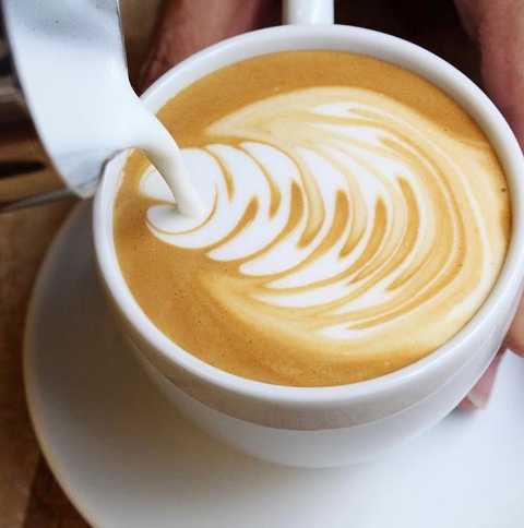 Milk being poured into a cup of coffee, leaving a fern pattern in the crema